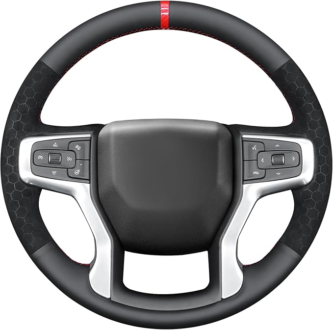 MEWANT Stitching Real Leather Hive Embossed Athsuede Steering Wheel Cover for Chevy Silverado 1500 Blazer Suburban Tahoe
