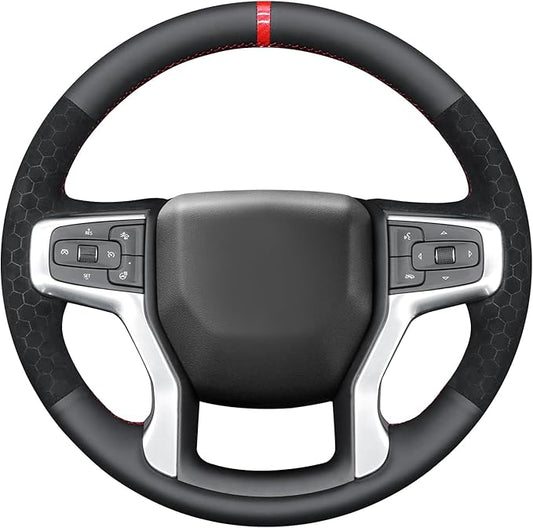 MEWANT Stitching Real Leather Hive Embossed Athsuede Steering Wheel Cover for Chevy Silverado 1500 Blazer Suburban Tahoe