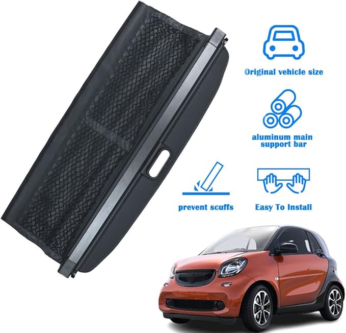 Marretoo for Smart ForTwo Cargo Cover 2016 2017 2018 for Smart ForTwo Accessories with 【Extra Storage Net】 Black Retractable Trunk Cover Security Shield Shade