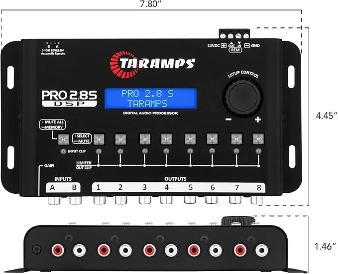Taramps Pro 2.8S Black DSP Crossover Full Digital Signal Audio Processor and Equalizer with sequencer 15-Band Graphic Equalization 12 preset EQ 2-Channel in and 8-Channel Out Car Audio, Sound Quality
