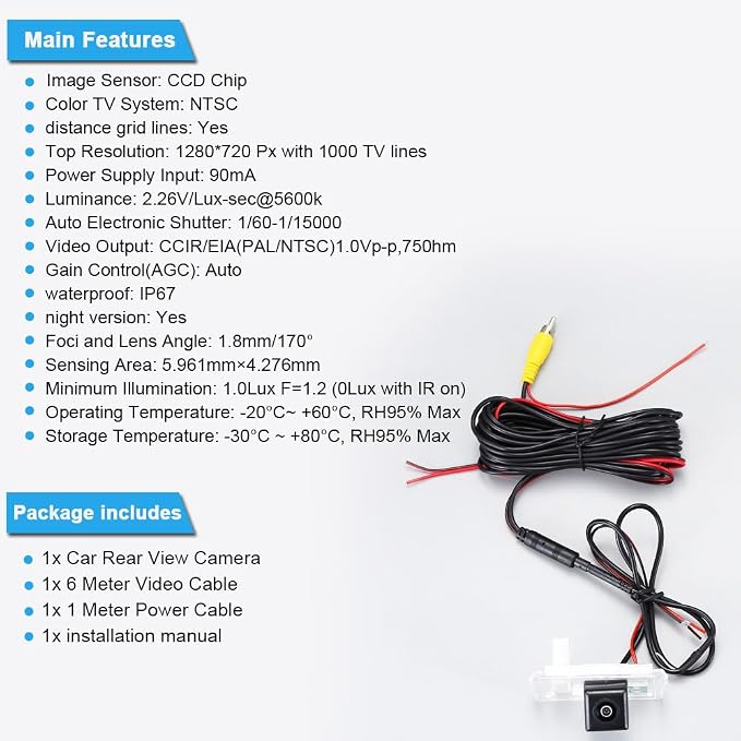 HD Backup Camera for Car, Waterproof Rear-View License Plate Reverse Parking Camera, for BMW 7er E38 725tds 728i 730d 730i 735i 740d 740i 750i/5er E34 M5 Touring 518g 518i 520i 525i 530i 540i