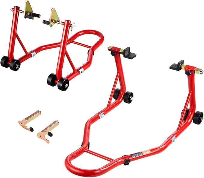 VEVOR Motorcycle Stand Lift, 850lbs Capacity Front Rear Combo Stand Lift, Front Wheel Dual-Fork Stand, Rear U+L Fork Swingarm Spool Stand, for Most Yamaha Honda Kawasaki Suzuki Motorcycles, Red