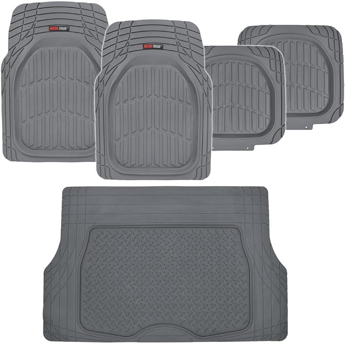 Motor Trend FlexTough Deep Dish Heavy Duty Rubber Floor Mats & Cargo Liner for Trunk All Weather (Gray) - Complete Coverage Set