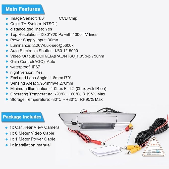 1280 * 720 Pixels HD Car Rear View Trunk Handle Parking Rear View Reverse Back up Camera Replacement for Toyota Hilux 8 MK8 Pickup Truck Masters OX AN120 AN130 Revo Recco/Invincible 50 2015-2019