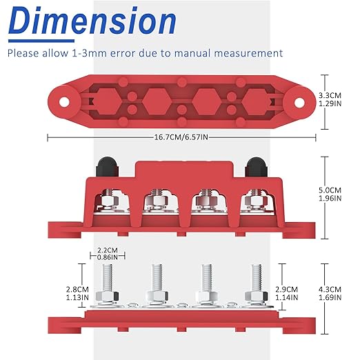 Bus Bar 250A 12V Power Distribution Block with 5/16" (M8) 4-Posts Terminals Block with Cover for Automotive, Marine, Battery System (Black & Red)