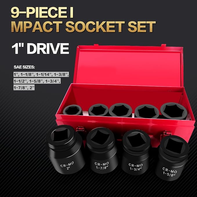 TONYNOL 1 Inch Drive Deep Impact Socket Set,9 Pieces,6-Point,SAE Sizes (1",1-1/8",1-1/14",1-3/8",1-1/2",1-5/8",1-3/4",1-7/8",2"),Cr-Mo Steel