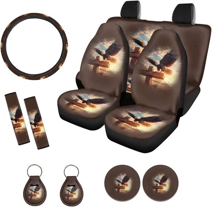 Xoenoiee Eagle Cross Pattern 11 Pcs Car Accessories Seat Cover Full Set, Steering Wheel Cover, Front & Rear Seat Cover, Seat Belt Pads, Cup Coaster, Key Chains - Universal Fit