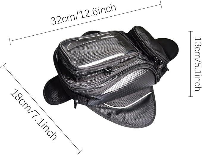 Motorcycle Tank Bag - Water Resistant Motorbike Bag | Magnetic & Strap Mount | 6.7 Inch Capacity | Black Oxford Cloth | 12.6x7.09x5.12 Inches | Powersports Tank Bag