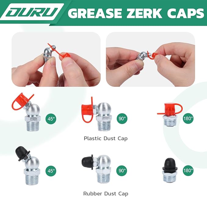 OURU Grease Fittings Assortment Kit with DIY Tool Storage Box Organizer, 300PCS SAE & Metric Grease Zerk (Straight/45°/90°) with Standard & 90° Couplers, Dust Caps & 7-11mm Wrench Set for Grease Gun