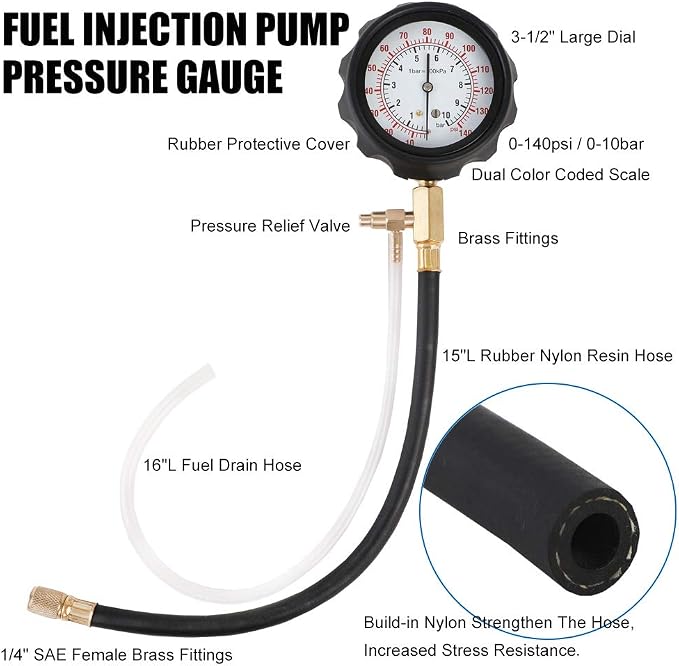 JIFETOR Fuel Injection Pump Pressure Tester Gauge Kit, Car Gasoline Gas Fuel Oil Injector Test Manometer Tool Set 0-140PSI, Universal for Auto Truck SUV Motorcycle ATV RV