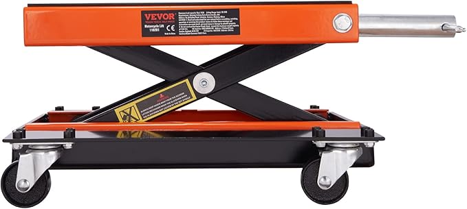 VEVOR Motorcycle Lift, 1100 LBS Motorcycle Lift ATV Scissor Lift Jack with Dolly & Hand Crank, Center Hoist Crank Stand with Wide Deck & Tool Tray for Street Bikes, Cruiser Bikes, Touring Motorcycles