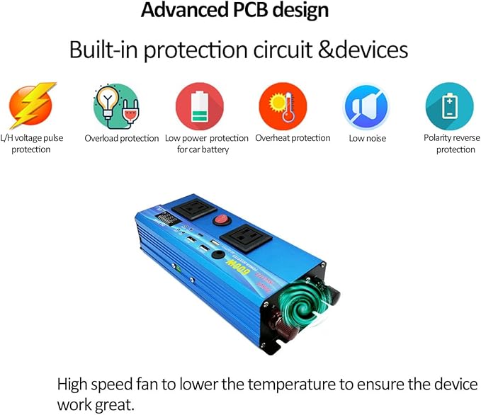 600W Continous Output Power Inverter DC 12V to 110V AC Converter with 4 USB Ports, 2 AC Outlets, 1 DC Output, LED Display for Road Trip, Camping, RV, Truck, Car, Pickup Truck