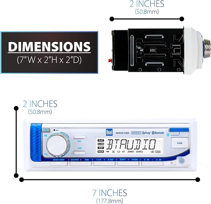 Dual Electronics MXD140 Marine Stereo with Built-in Bluetooth | Single DIN 8-Character Sunlight-Readable LCD Display | AM/FM Stereo Receiver | USB Port with 2.1 A Charging | White