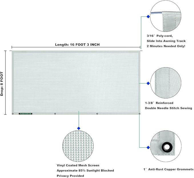 leaveshade RV Awning Sun Shade Screen 8' X 16' 3'' (Fit for 17' Awning) Mesh Sunshade Block Patio Front UV Glare Motorhome Camping Trailer Awning Shadescreen Sunscreen - 3 Year Warranty (Gray)