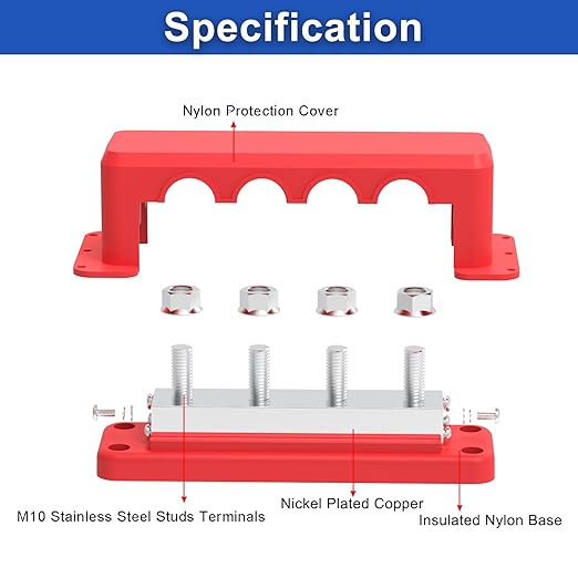 600A Bus Bar 12V Power Distribution Block with 3/8" (M10) 4-Posts Heavy Duty Terminals Block with Cover for Automotive, Marine, Battery System (Red)