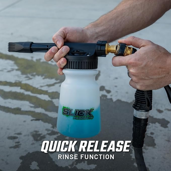 Slick Products Garden Hose Foam Gun – Soap Foam Blaster with Adjustable Dial & Quick Release | 32oz Tank for Cars, Trucks, Motorcycles, ATVs, UTVs, RVs, Boats & More