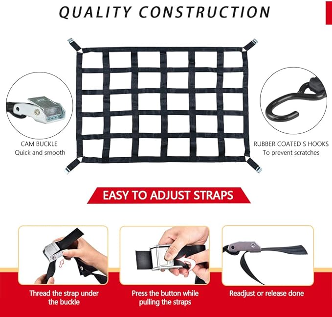 Surmountway Heavy Duty Cargo Net - 66" x 50", 1100LBS Capacity, Adjustable Cam Buckles & S-Hooks, Fits Pickup Truck & Trailer Beds