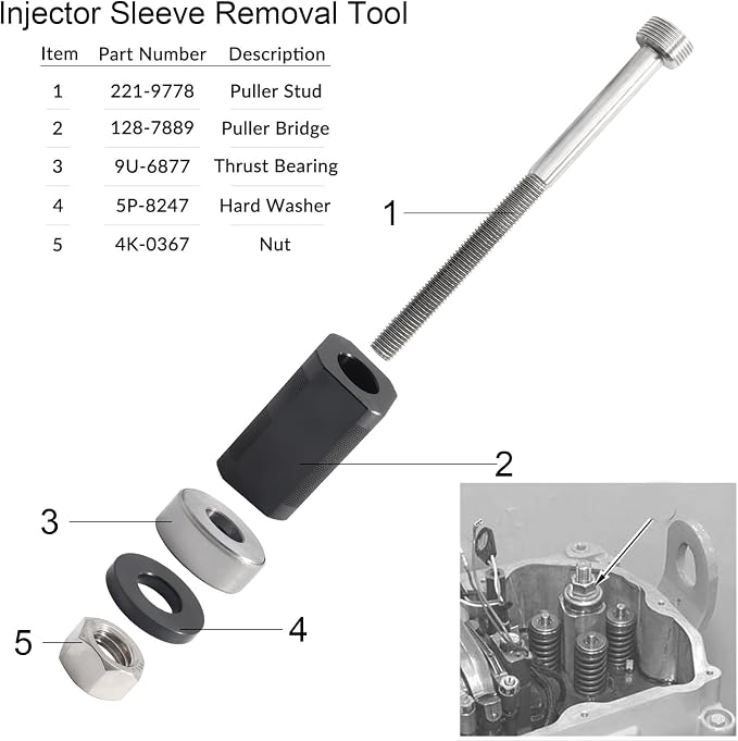 9U-6891 Injector Sleeve Removal Tool Install Kit 9U-7227 Injector Height Tool J-38587-a Engine Barring Socket for CAT Caterpillar 3406E C-15 C-16 Engines