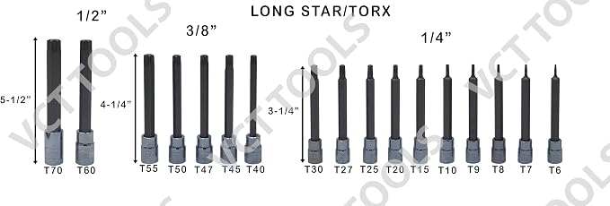 VCT 60PC Master Deep Long 6-Point Star Plus Socket Bit, Tamper Proof, Torx, and External Star/E-Torx Deep Socket Set