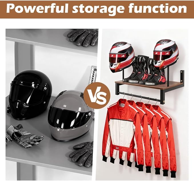 Motorcycle Helmet Holder Wall Mount, 2 Helmet Stands with Gear Rack and 4 Detachable Clips, Wooden and Metal Helmet Organizer for Garage or Entryway, Includes Helmet Storage Bag