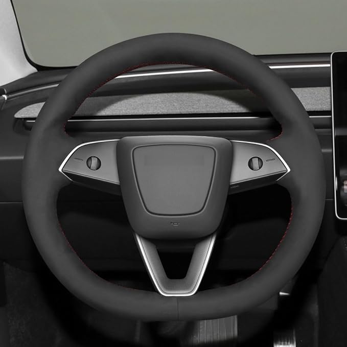 MEWANT DIY Hand Stitch Black Suede Steering Wheel Cover for Tesla Model 3 Highland 2023-2025 Tesla Model Y Juniper 2025