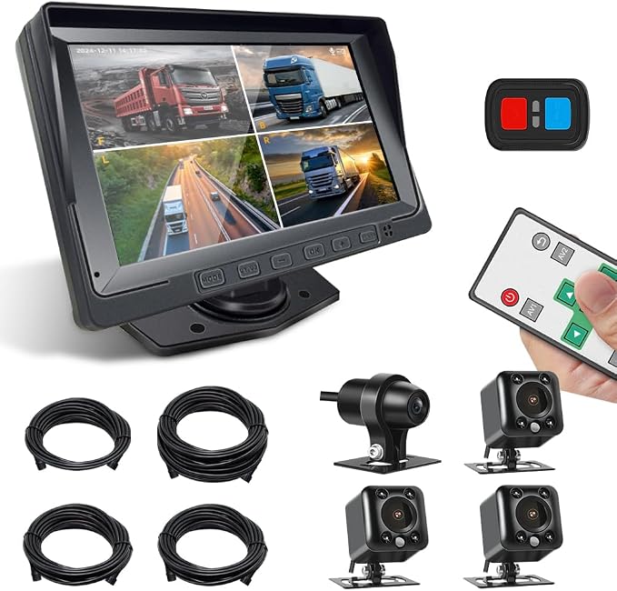 VSYSTO X7H 4-Channel 720P Backup Camera & Dash Cam System, 7" LCD Quad Split Display with IP67 Waterproof IR Night Vision Cameras for Front Rear and Side Views for Semi Truck, RV, Van, and Trailer