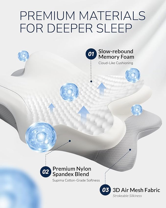 Cervical Neck Pillow for Side & Back Sleepers, Ergonomic Memory Foam Pillow for Sleep Apnea, Neck Pain Relief, Neck Support Pillow with Breathable Pillowcase