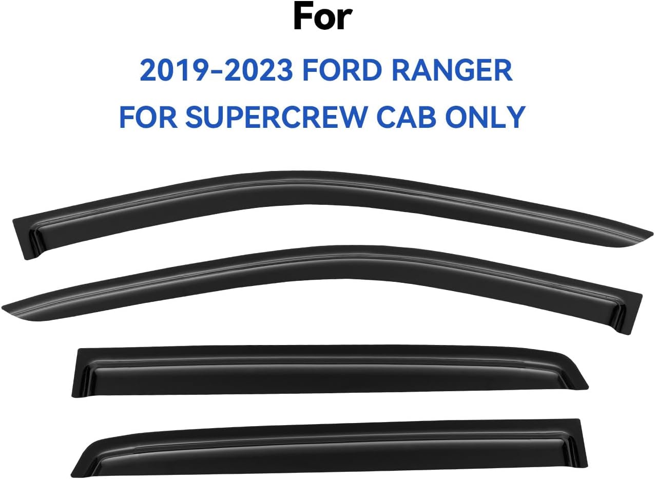 Window Visors Rain Guards for 2019 2020 2021 2022 2023 Ford Ranger Supercrew, Out-Channel Window Vent Wind Deflectors Visors Shades for 19-23 Ranger, for Full-Size Cabs