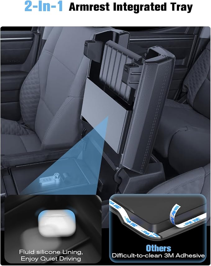 for 2022~2026 Tundra (SR/SR5/Limited) 2-in-1 Silicone Center Console Armrest Cover& Armrest Hidden Privacy Tray - [OEM Design& Friendly Liquid Silicone Rubber] - Thin Black