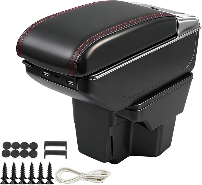 Armrest Box Compatible with Kia Rio 2012 2013 2014 2015 2016, Double Layer Black Leather Center Console Organizer with 7 USB Ports, Adjustable Armrest Pad, Cup Holder,Ashtray(Red Thread)