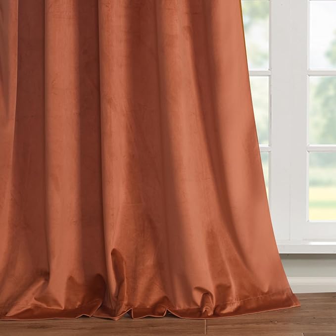 Roslynwood Luxury Soft Pumpkin Velvet Curtains 96 inches Long Back Tab Thermal Insulated Blackout Window Drapes for Living Room/Bedroom/Dining Room, W52 x L96, 2 Panels