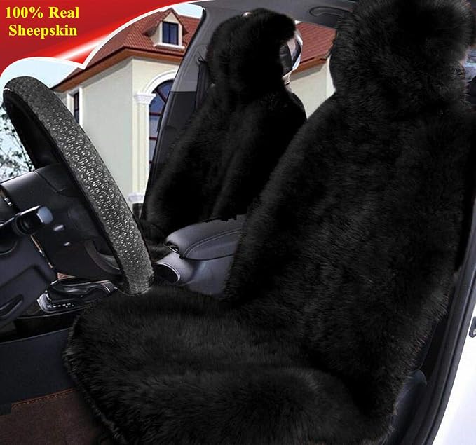 Winter Warm Authentic Australia Sheepskin Car Seat Cover Luxury Long Wool Front Seat Cover Fits Most Car, Truck, SUV, or Van (Black)