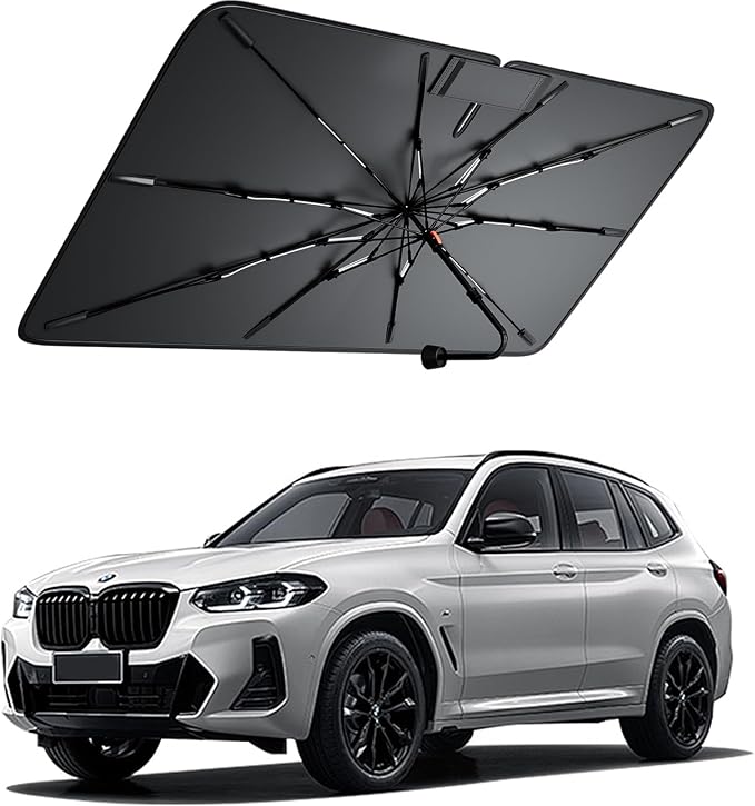 Windshield Sun Shade for BMW X3 2004-2026, Foldable Umbrella Sunshade with 100% UV Block, Multi-Layer Heat Insulation, Reinforced 10-Rib Frame, Keeps Car Cooler, Summer Car Accessory