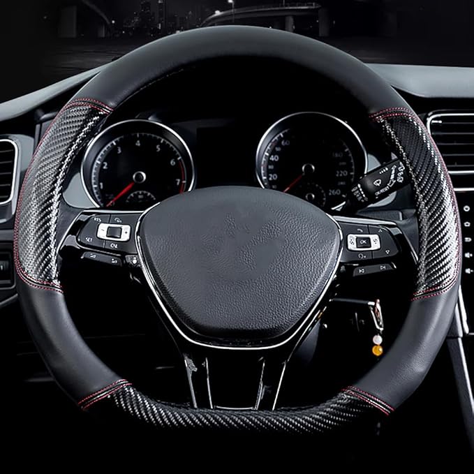 HAOTULE Car Carbon Fiber and Leather D-Shape Steering Wheel Cover, Stylish car Non-Slip Leather car Interior 15 inches Universal Black and Red