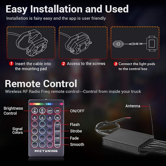 MICTUNING 8 Pods RGB Rock Lights Kit with RF Remote Control IP68 Waterproof | RGB Multi-colors Effect, Freely Adjustable Brightness, Easy to Install, 2-Year Warranty