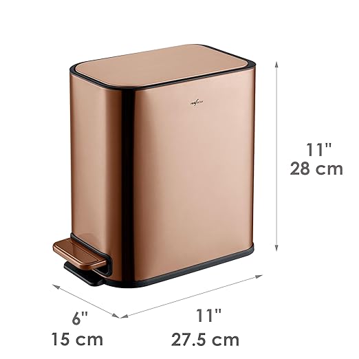 RED FACTOR Slim Small 1.3 Gallon Stainless Steel Pedal Trash Can with Soft Close Lid for Narrow Spaces – Wastebasket Bin with Removable Inner Bucket for Bathroom, Kitchen, Bedroom, or Office (Copper)