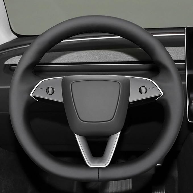 MEWANT Steering Wheel Cover for 2024 Tesla Model 3 Highland Hand Stitch Steering Wrap Made of Black Smooth Faux Leather