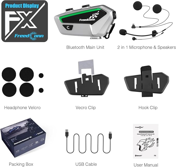 FreedConn FX Motorcycle Intercom Headset Speakers, 10 Riders Helmet Bluetooth Intercom, Universal Communication Systems with Music Sharing/Noise Cancellation/FM Radio for Snowmobile/ATV, Silver