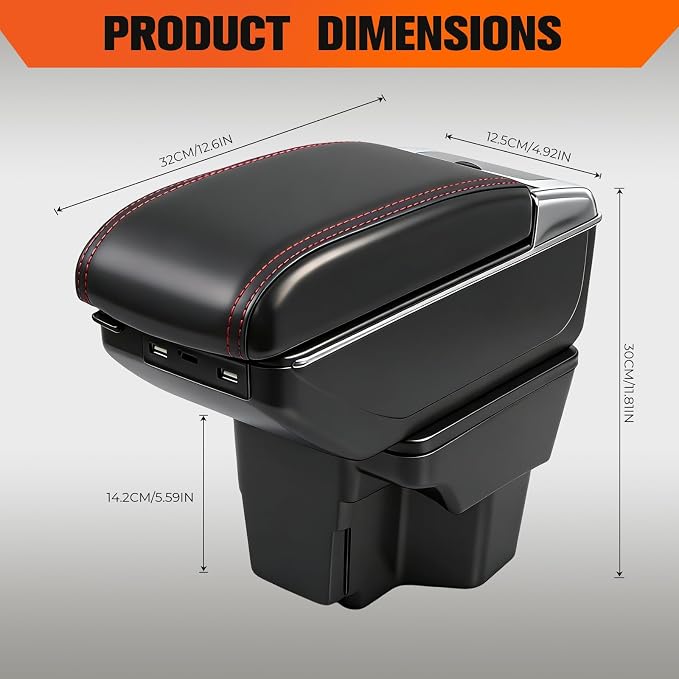 Armrest Box Compatible with Kia Rio 2012 2013 2014 2015 2016, Double Layer Black Leather Center Console Organizer with 7 USB Ports, Adjustable Armrest Pad, Cup Holder,Ashtray(Red Thread)