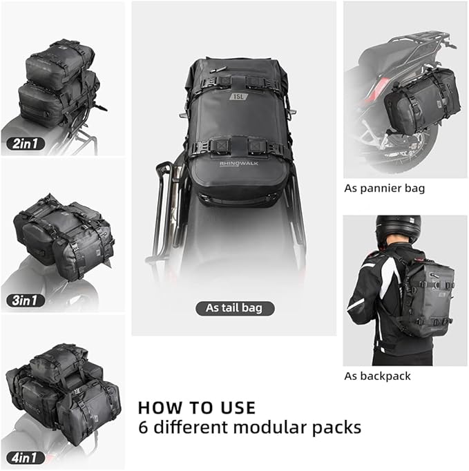 Rhinowalk Motorcycle Tail Bag Motorbike Side Bag 15L Full Waterproof Motor Saddle Pannier Bag Rear Rack Trunk Professional Motor Accessories-Black