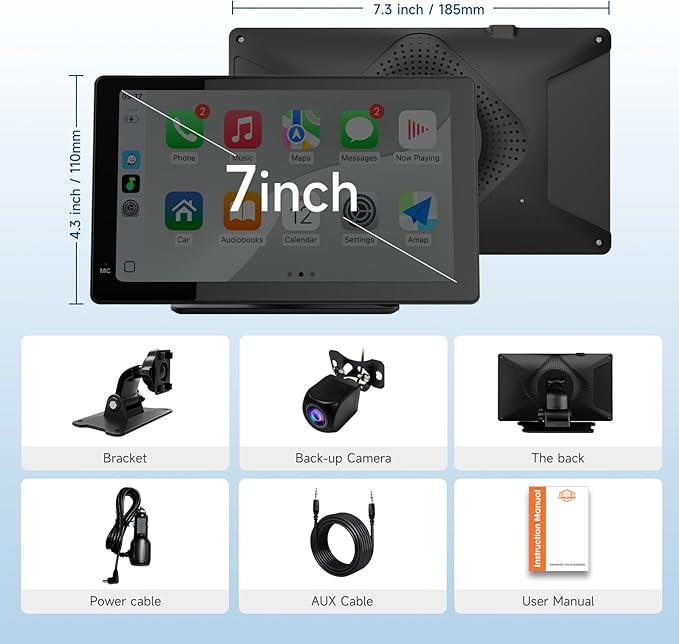 Haudio Portable Wireless Carplay Car Stereo, 7" HD Touchscreen for Car with Apple CarPlay & Android Auto with Backup Camera, GPS, Bluetooth, Voice Control, Mirror Link, FM, AUX, Universal Fit