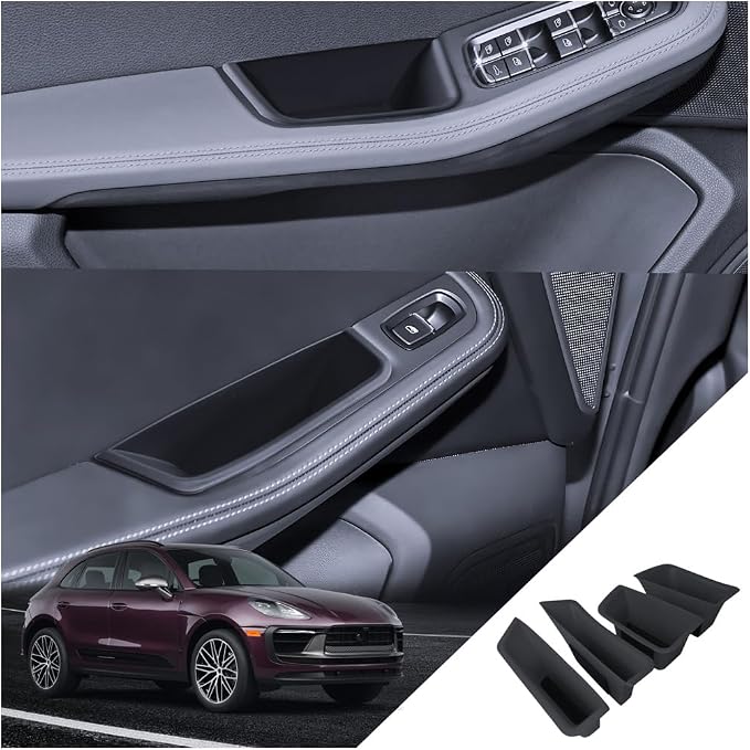 for Macan Door Side Storage Boxes 2015-2026 Porsche Macan Accessories Front & Rear Door Pocket Organizer Tray Set with Anti-Rattle Liners 4PCS(Not for Macan EV)