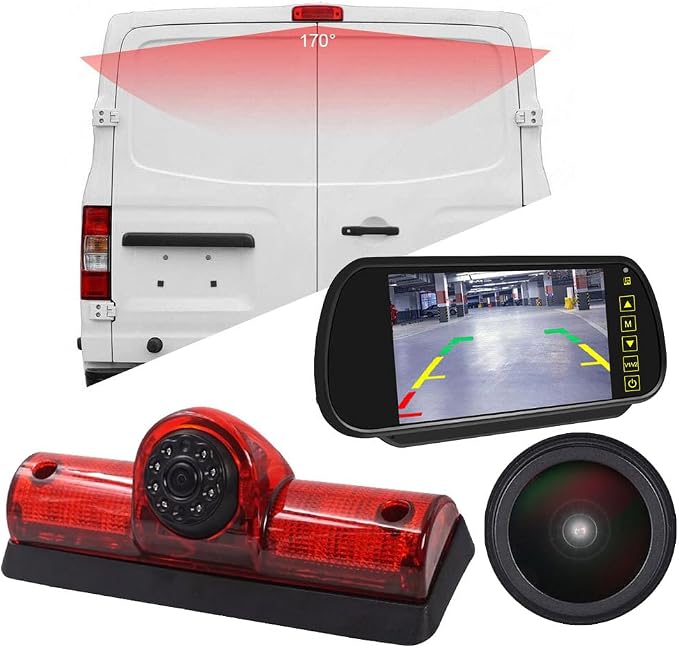 HD 1280 * 720 Pixel 1000 Lines Third Brake Light Backup Camera Top Roof Lamp LED Reverse Parking Camera+7" inch TFT LCD Mirror Replacement for Nissan NV 1500/2500/3500 S SV SL Cargo Vans 2011-2021
