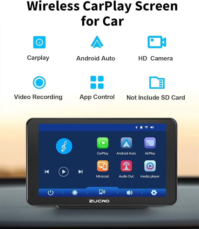 7 Inch Wireless CarPlay Screen for Car, Portable Car Stereo Touch Screen for Apple CarPlay & Android Auto with Backup Camera, Voice Control, BT Music, Navigation, Mirror Link