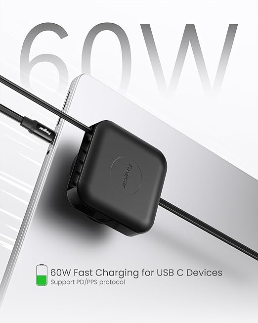 Fasgear Retractable USB-C Cable One Side Pull, 360° Rotatable Desk Mount Type C to Type C Cord 60W PD/PPS Fast Charging for iPhone 17 16 15 Pro Max/iPad Pro/Mac-Book/Sam-Sung (Black)