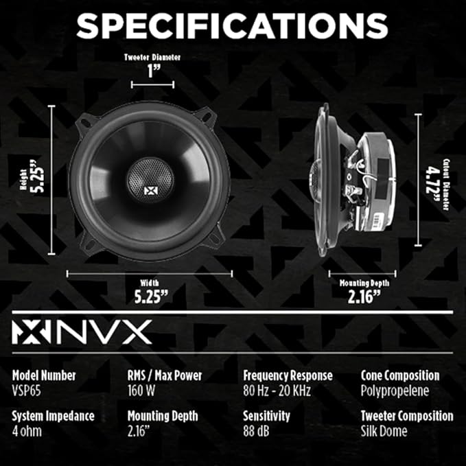 NVX VSP525 480W Peak (180W RMS) 5.25" V-Series 2-Way Coaxial Speakers with 25mm Silk Dome Tweeters