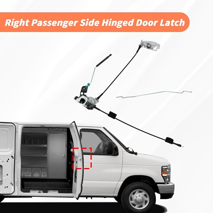 Side Door Latch Assembly with Cable & Rod, Right Passenger Side Hinged Lock for Ford 1992-2019 E150 E250 E350 Econoline Van, Door Connective Repair Lock Latch Replaces 8C2Z15264A00B