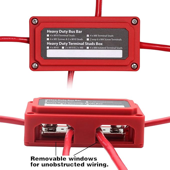 300A Bus Bar 12V Waterproof Marine Bus Bar Heavy Duty Module Design Power Distribution Block with 4 X M8(5/16") Terminal Studs 12V Terminal Block for Marine Car RV Truck Solar Systems (Red)