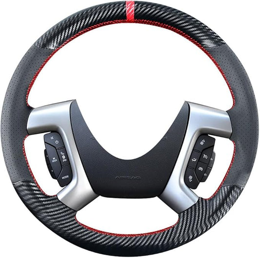 DIY Stitching Carbon Fiber Steering Wheel Cover for Chevrolet Tahoe Suburban Avalanche Silverado Express Traverse Black 15 inches Leather Interior Accessories (only for Rubber Steering Wheel)