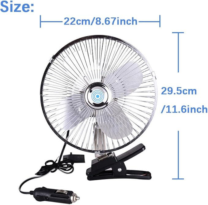 CYDZSW Car 12v Clip Fan,12 Volt DC 8 inch Large 360° Adjustment Metal Fans with Cigarette Lighter,90° Rotation Oscillating Clamp on Cooling Fan for Golf Cart,RV and Vehicles (8inch)
